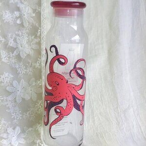 Glass Water Bottle by One Vessel 22 ounce with Pink Octopus and Glass Lid